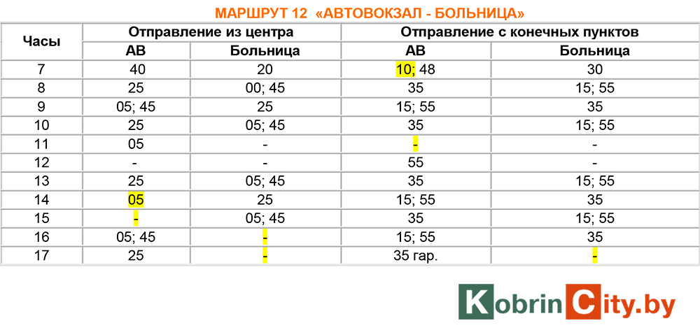 Изменение расписания маршрута 12 